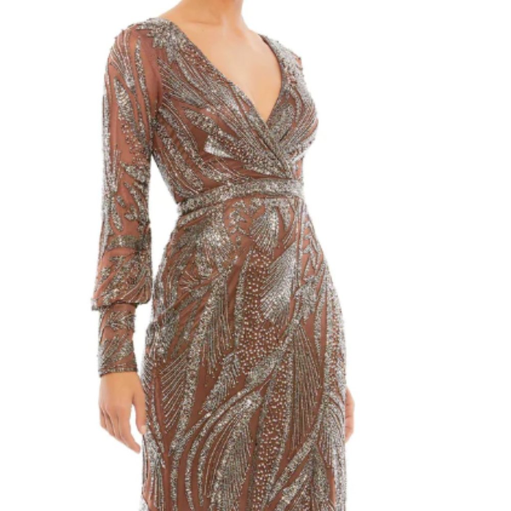 MAC DUGGAL BEADED LONG SLEEVE WRAP OVER MIDI MOCHA DRESS sz 14